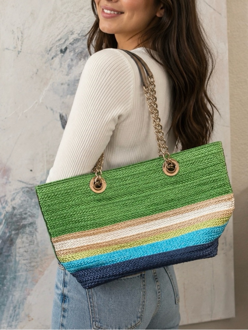 Kate Spade New York Chelsea Market Straw Tote Bag Green Horizontal Strips